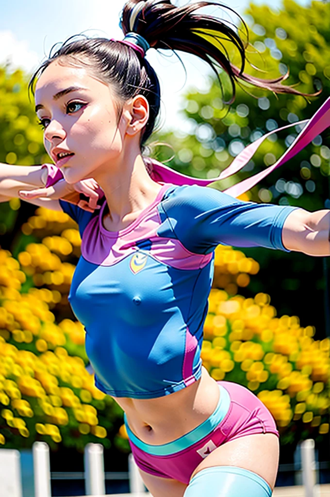 1 girl, solo, running, Gray Track Top, pink shorts, ponytail, hair covered with light blue hijab. athletic build, dynamic brushstrokes, fluid movement, capturing the essence of her athleticism and energy, using light colors and soft tones to create a dreamy and ethereal atmosphere, portraying the motion and grace of running, showing the wind blowing her ponytail and clothes, and the scenery of her surroundings.
outdoors, detailed background, Modern metropolis, undressing nude body, showing nude breasts and vagina