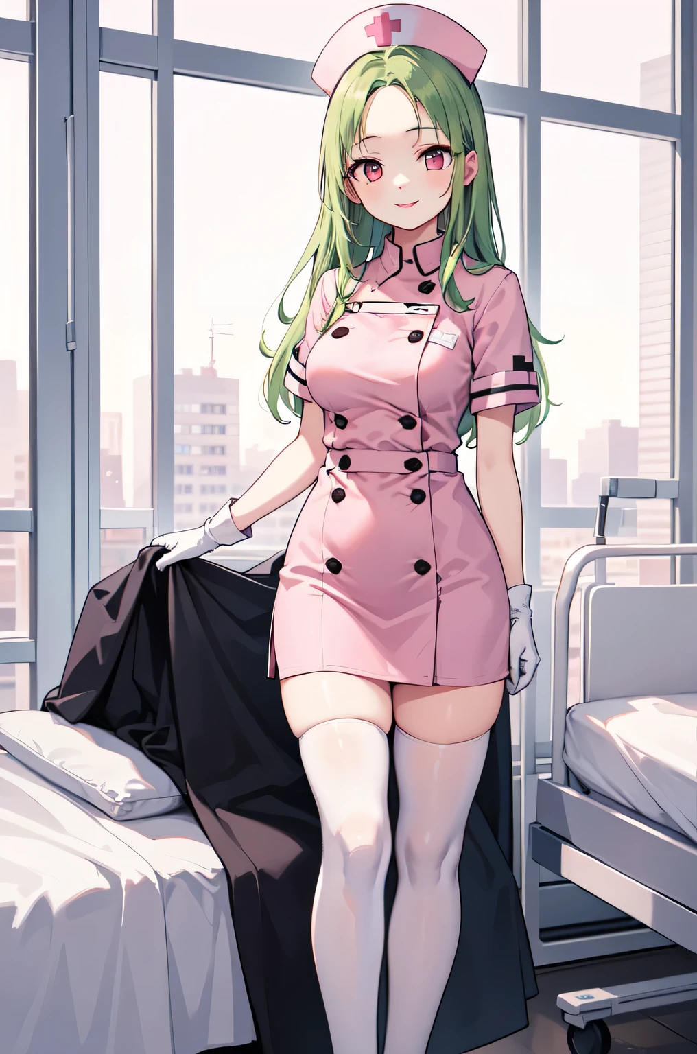 1woman, solo, nurse, white nurse cap, white nurse uniform, ((white legwear, zettai ryouiki)), white gloves, forehead, long hair, green hair, pink eyes, pink lips, smile, standing, ((hospital room)), sharp outline, short sleeves, mature female, 35 years old, best quality, masterpiece