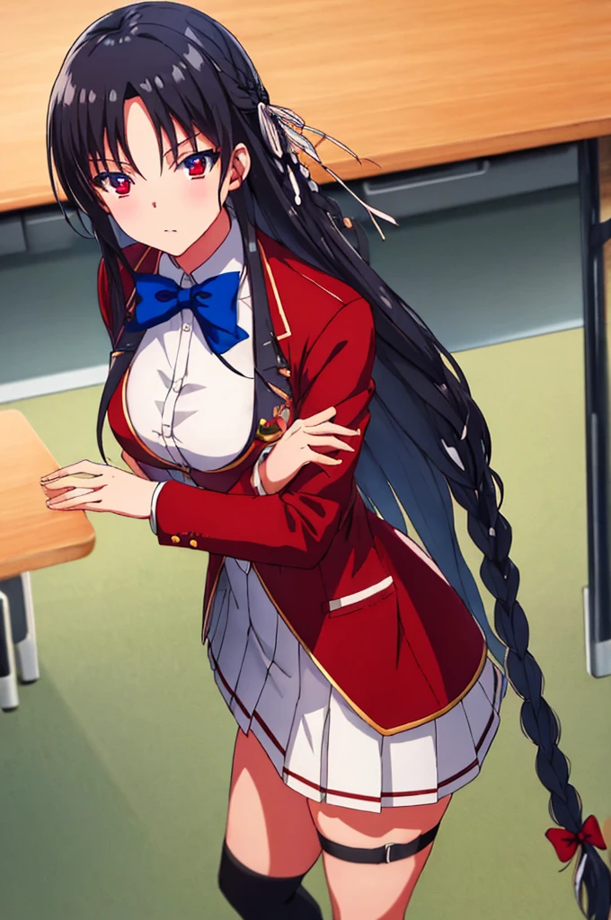 (masterpiece:1.3), (best quality:1.1), (8k, ultra detailed, ultra high res:1.2), ((anime style)), perfect 5 fingers, perfect anatomy,
1girl,
Suzune Horikita,
Suzune Horikita \(youjitsu\),
BREAK long hair, braid, dynamic pose, from above,
black hair,
red eyes, (focus detailed eyes:1.2),
blue bow,
medium breasts,
red jacket, long sleeves, white skirt, pleated skirt, black thigh-high socks,
looking at viewer,
cowboy shot,
indoor, class room,