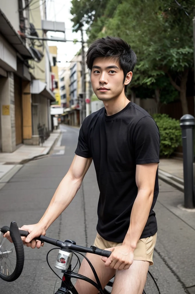 riding a bicycle, whole body, Hairy legs, The legs are muscular and toned., two blocks, Long legs, Japanese man, 27 years old, thin beard, Wear beige shorts, Wear a black T-shirt., very short hair, black hair