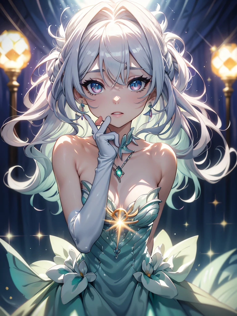 masterpiece, highest quality, figure, alexandrite eyes and hair, platinum earrings, Platinum Necklace, white dress, The Little Mermaid, cute, (dynamic lighting:1.2), cinematic lighting, delicate features, fine eyes, sharp pupils, realistic student, Depth of bounds written, Bokeh, sharp focus, (very detailed, bloom, shine:1.4), Many Small Gems, full body