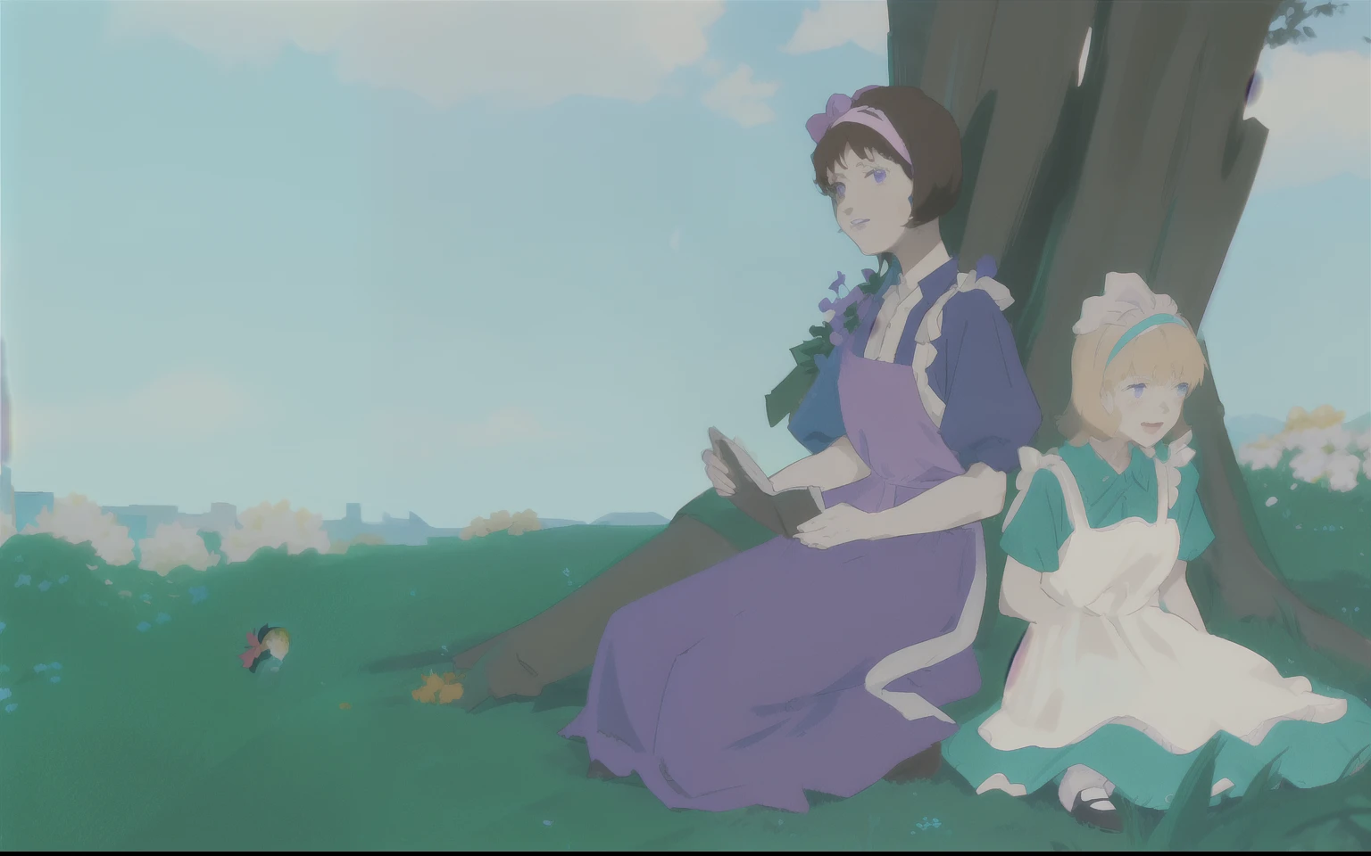 Two girls, one blonde girl, one blonde girl wearing sky blue puff dress and white apron, blonde girl with black bow headband, white socks, black shoes, only one girl has apron, playing with flowers, currently playing with flowers. One brunette girl, one brunette girl wearing purple 1900s London lady dress, 1900s London lady dress, purple hat, reading book, currently reading book. Alice in Wonderland, cute girls, one blonde girl, one brunette girl, Satoshi Kon style, natural light, sitting under tree with shade, full body, sitting, sitting on ground, brunette girl reading book, blonde girl playing with flowers, playing with flowers.