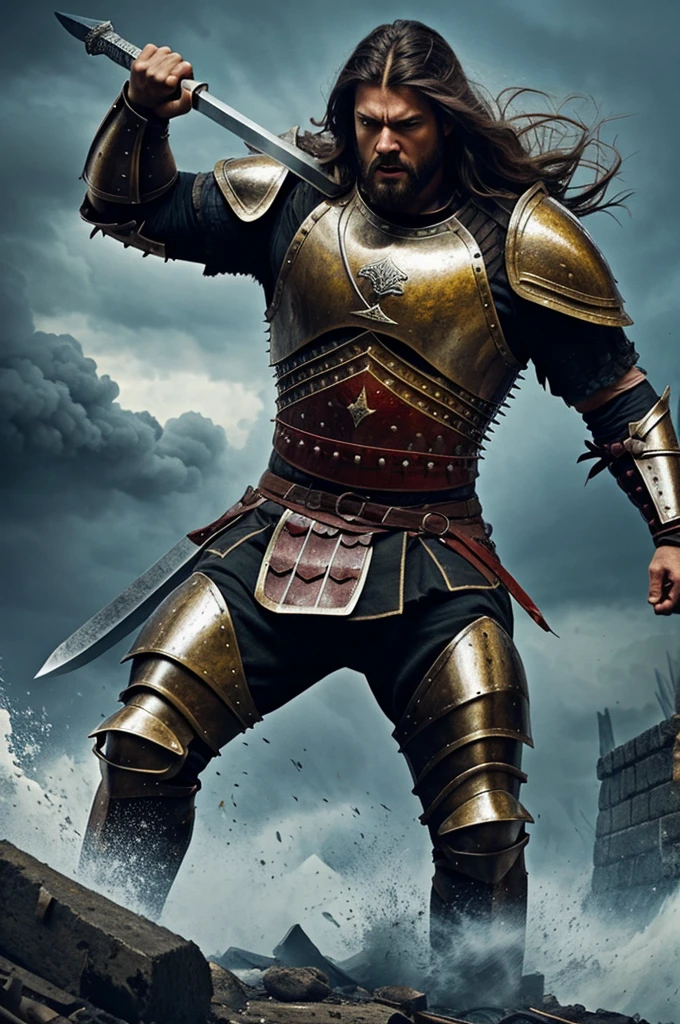 Create an illustrative image of a furious warrior, in armor from the medieval period, muscular with long hair, in a fierce battle with storms and fires and dead bodies on the ground, raising a sword upwards
