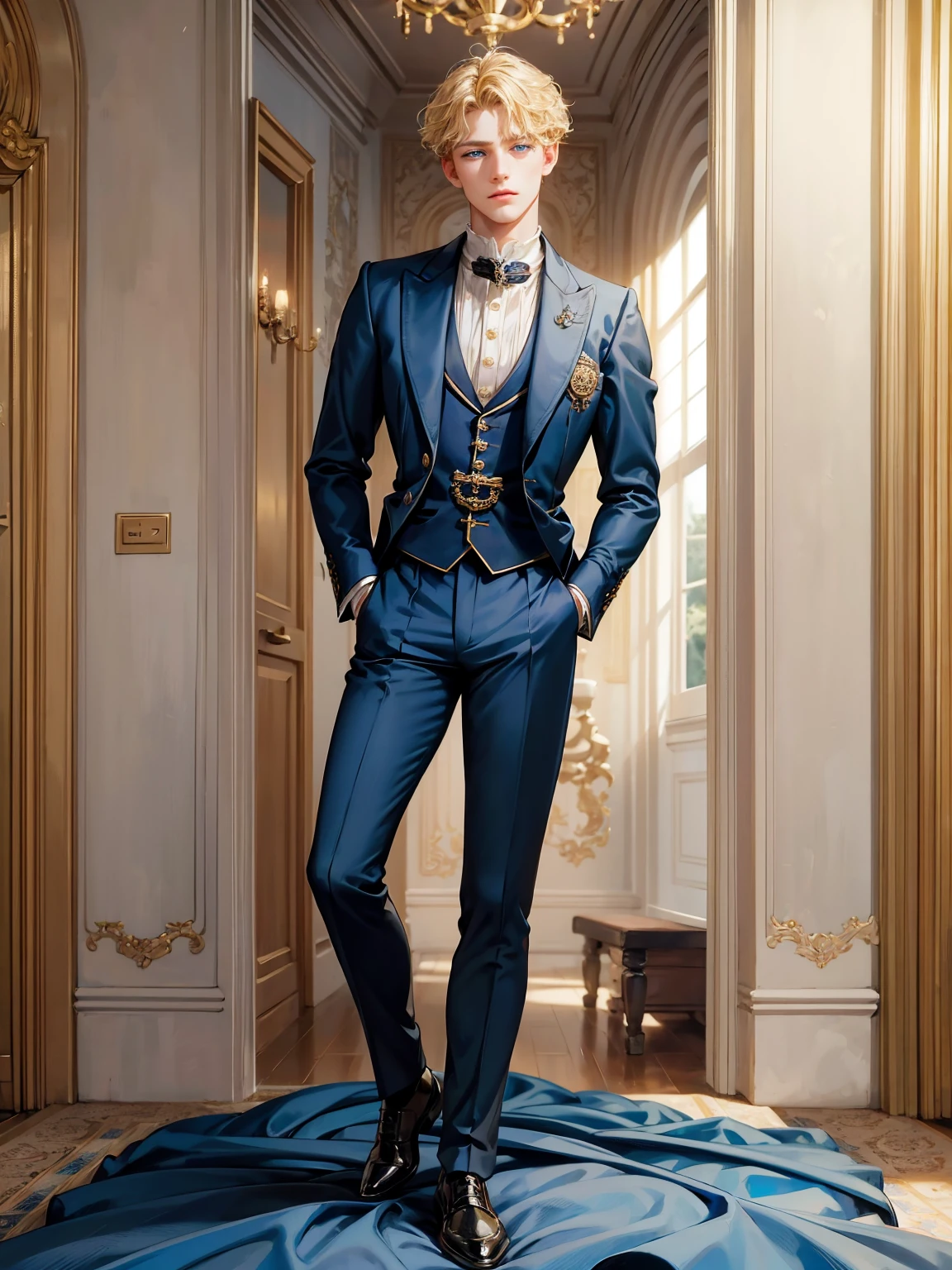 A boy, short blonde hair, wavy hair, sky blue eyes. He wears a Victorian-era man's suit. Handsome boy, detailed eyes, detailed face, detailed hands. He looks at the viewer. He has his hands behind his back. Full figure. Background inside of a hall
