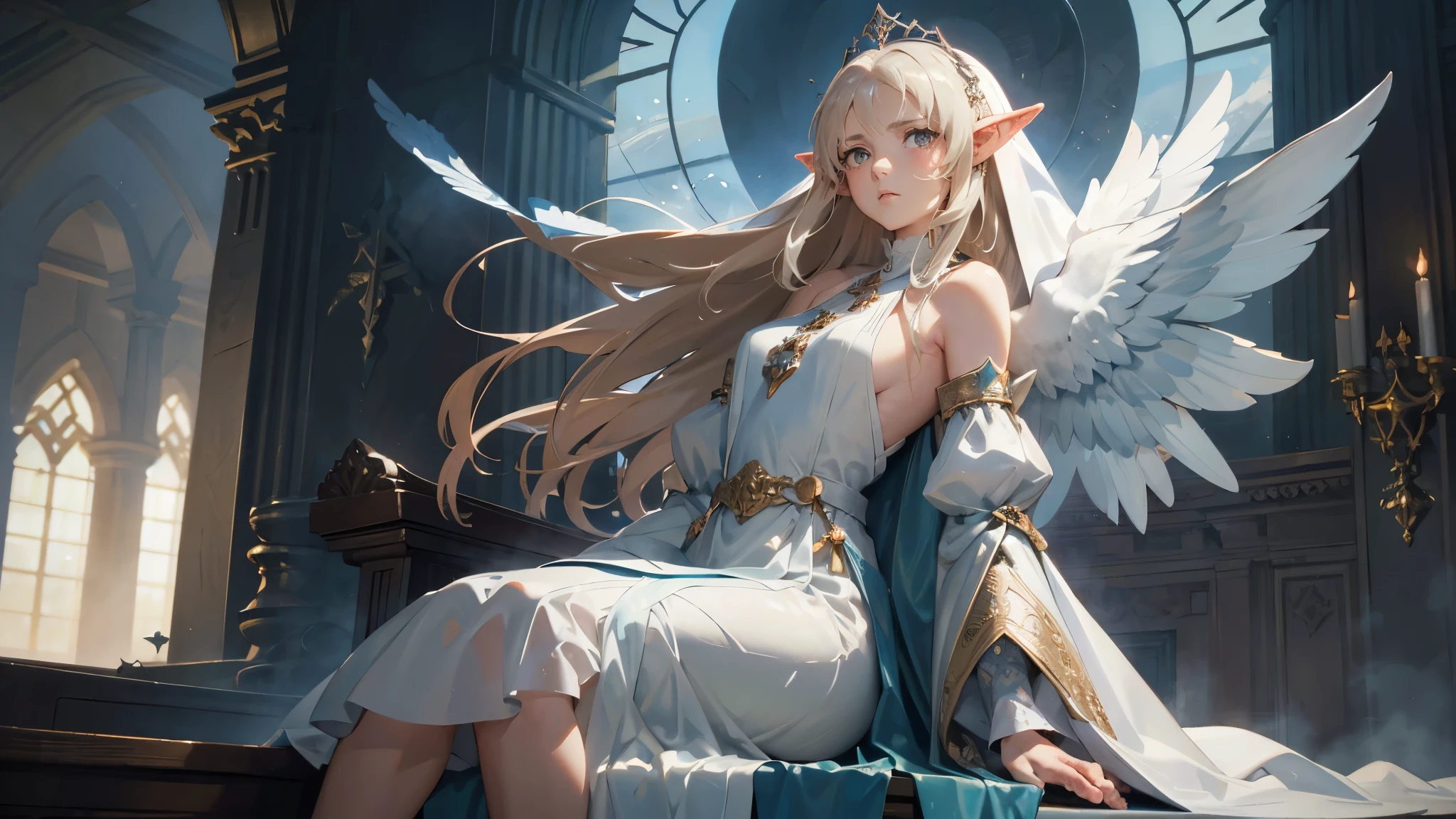 masterpiece, ultra detailed, 8K Portrait, Raw photo, a portrait photo of girl, Highly detailed face, beautiful and meticulous eyes, ((Fantasy)), (elf:1.0), 1woman, 40 year old, gray long hair, brown eyes, (melancholy expression:1.2), tiara, skinny, (ultra thin see-through dark blue silk dress), hooded long white coat Fluttering in the wind, ((bare foots)), Midday Sun, Hyper realistic, out of medieval white castle in the sky, sitting on the throne, Ambient lighting, Shadow details , strong breeze, Light fog, (divine:1.5),
