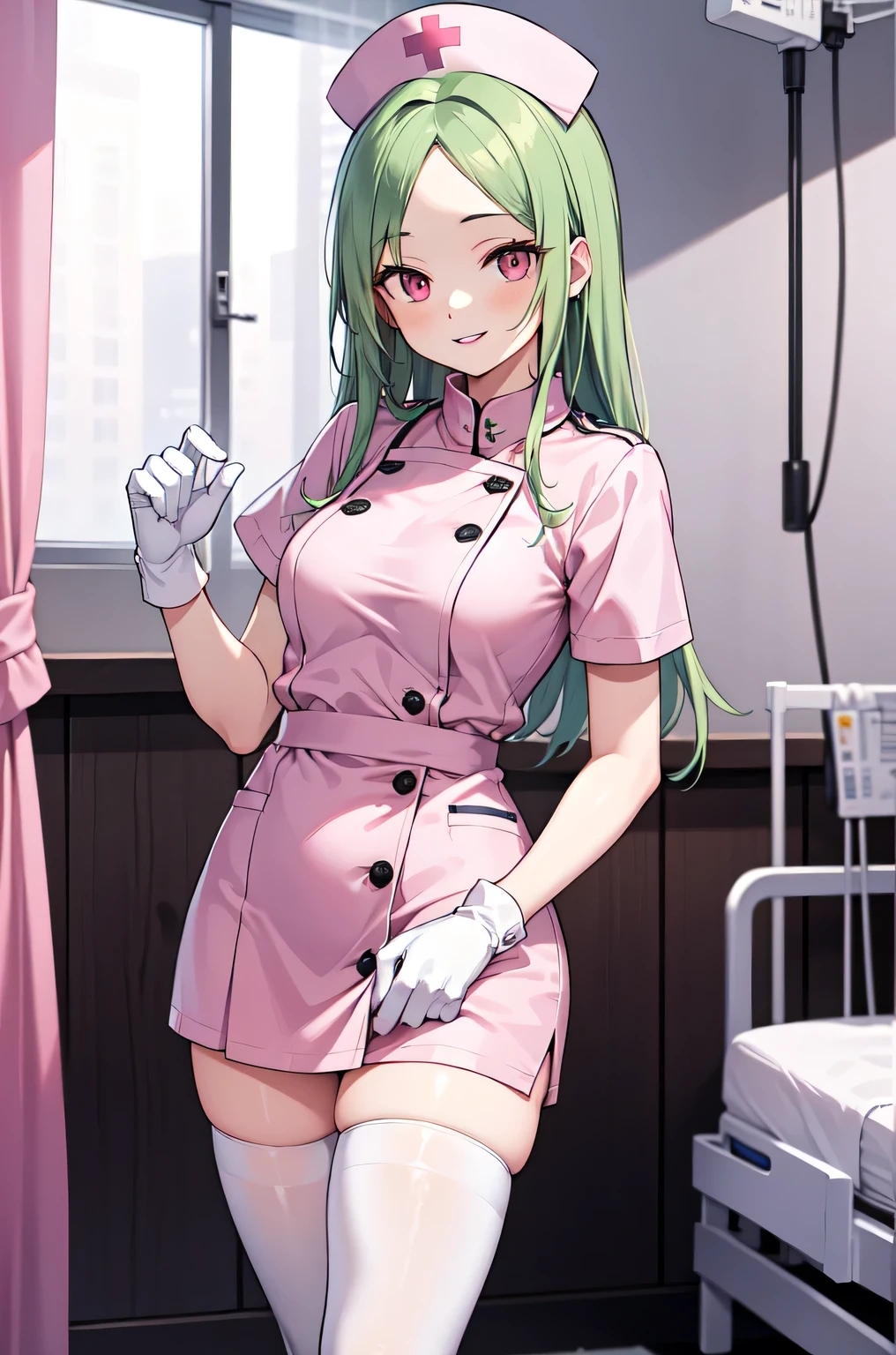 1woman, solo, nurse, white nurse cap, white nurse uniform, ((white legwear, zettai ryouiki)), white gloves, forehead, long hair, green hair, pink eyes, pink lips, smile, standing, ((hospital room)), sharp outline, short sleeves, mature female, 35 years old, best quality, masterpiece