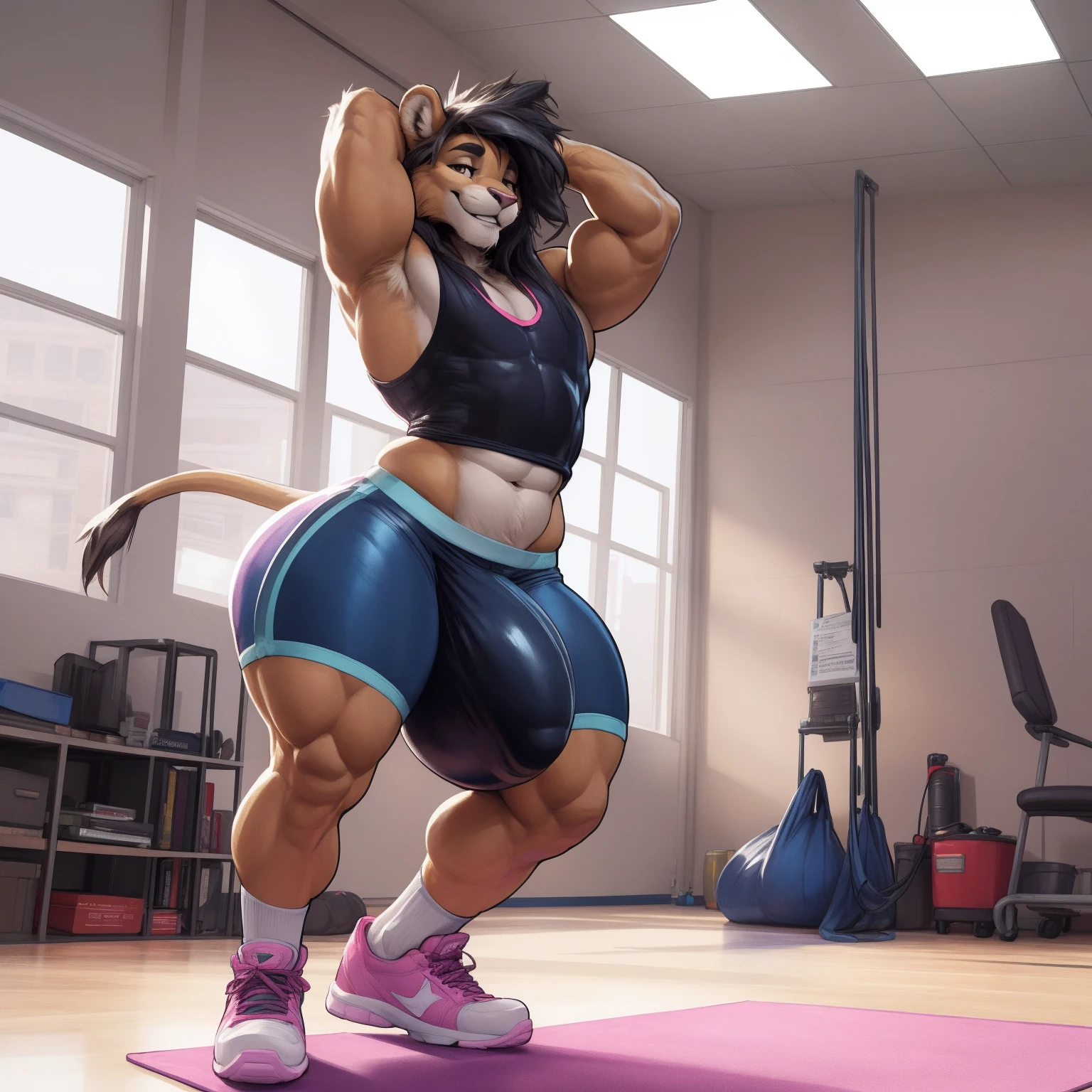 (by darkgem, by boosterpang, by duase, by BNG), solo focus, 1boy, male, lion boy, cute, girly, femboy, short boy, looking at viewer, smiling, happy, large muscular body, (hyper hips:1.3), (huge bulge), bulgeJ8, long hair, detailed eyes, lust, masterpiece, best quality, lycra shorts, white tank top, pink sneakers, standing upright, photorealistic, hyperrealistic, ultradetailed, detailed background, photo background, digital drawing (artwork), girly, bedroom eyes, (aerobics class), indoors, looking at viewer, stretching, hands behind head, (tail),