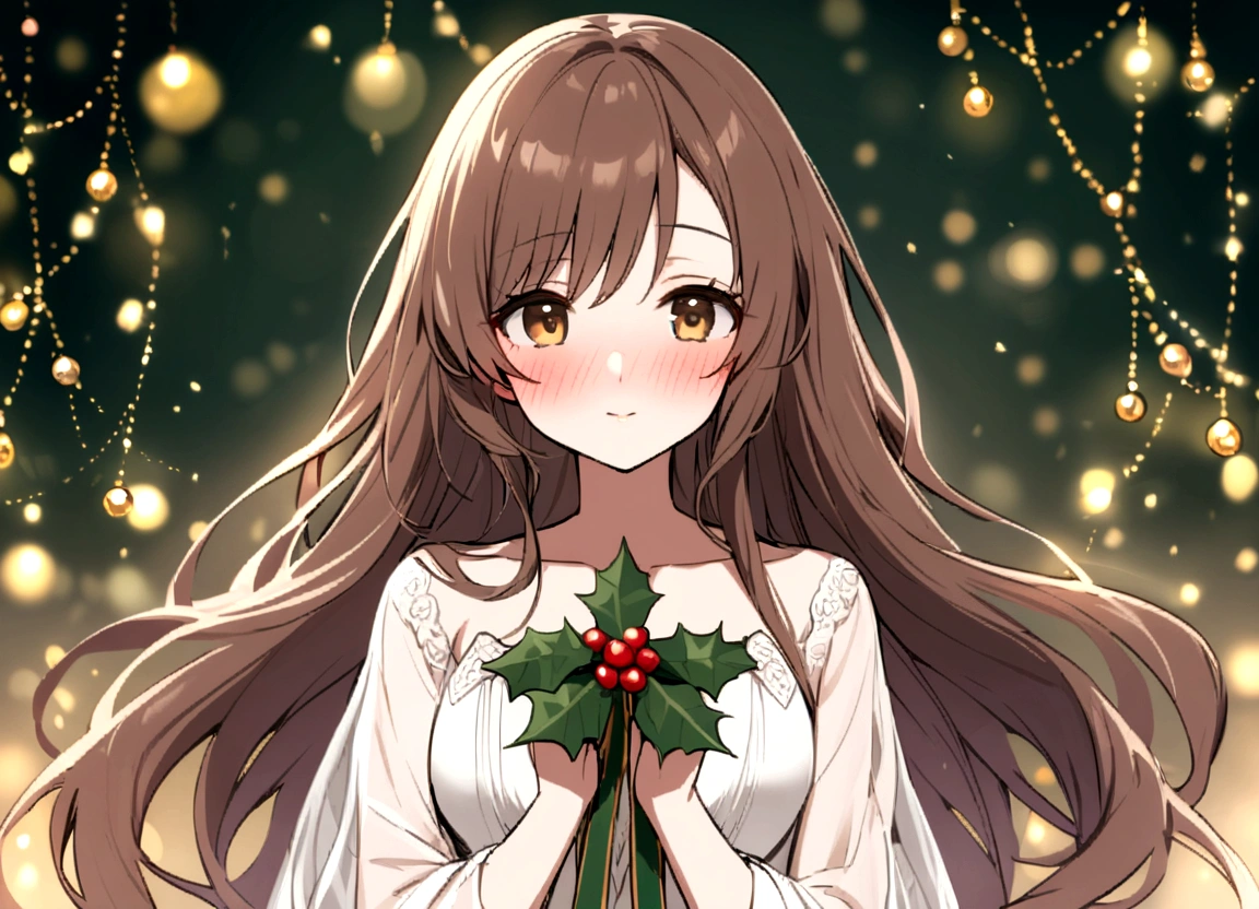 Holly Evergreen is an example of discreet beauty, with a subtle and ethereal presence, which fits perfectly with the charming Christmas setting of the story... she has long, wavy brown hair, gracefully falling to the middle of the back., often decorated with a festive ribbon or sprig of mistletoe.. Her hair frames her heart-shaped face with soft, rosy cheeks, who blush easily with emotion.
Her eyes are like a pair of deep ones, emerald pools, shimmering with a mixture of curiosity and shyness. They reflect heat.