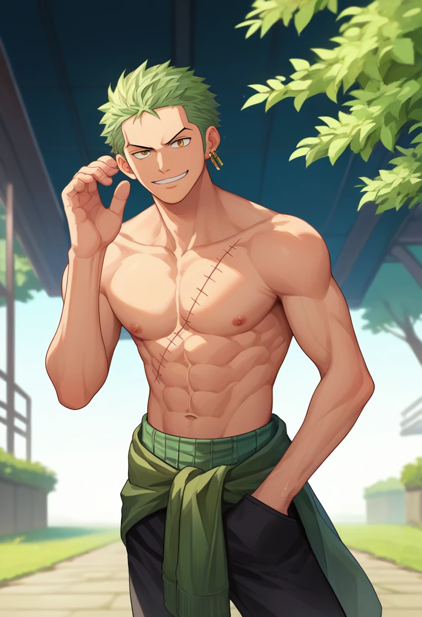 score_9, score_8_up, score_7_up, source_anime, solo, male focus, 1boy, roronoazoro, muscular, scar across eye, smile, looking at viewer, topless male, clothes around waist, black pants, single earring, outdoors 