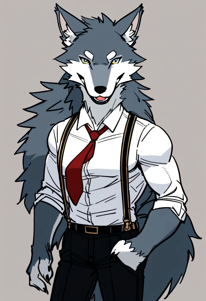 Tall, moderately muscular, wolf, anthro, furry, gray fur, white shirt on wolf, red tie on wolf, suspenders on wolf, black trousers on wolf, happy