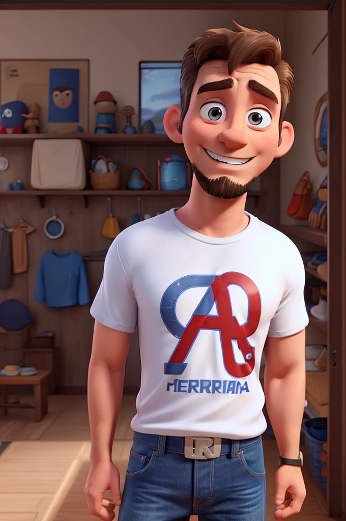 white man, 40 years old, with goatee, short brown messy hair, blue Captain America t-shirt, jeans, black old school sneakers, High definition, 3D Pixar Style, with shy smile