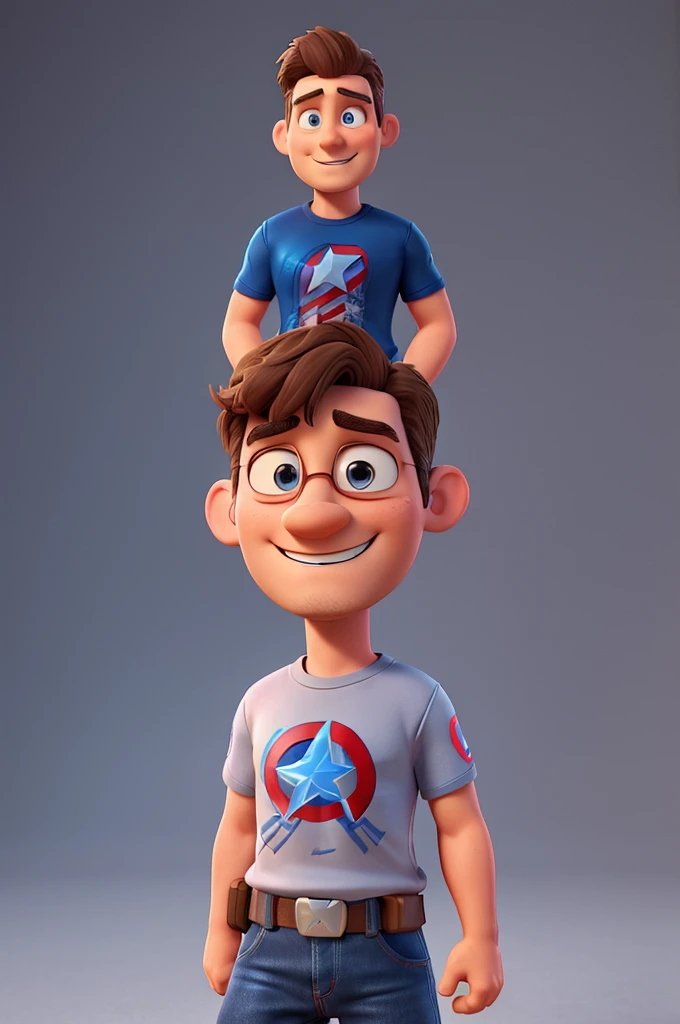 white man, 40 years old, with goatee, short brown messy hair, blue Captain America t-shirt, jeans, black old school sneakers, High definition, 3D Pixar Style, with shy smile