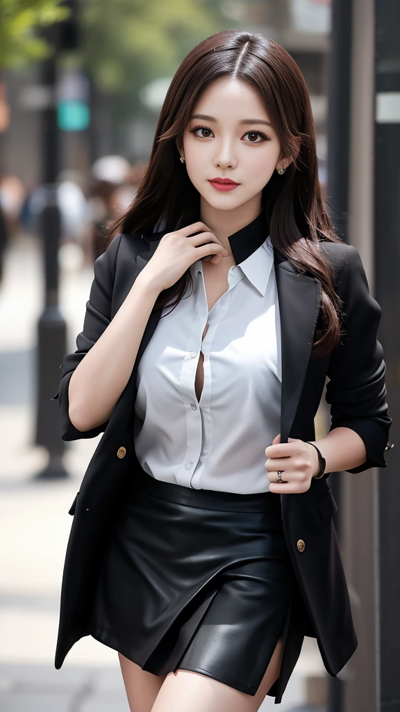 best quality, masterpiece, 1 Girl, Pretty Face, (photo Practical:1.3), Rim Light, (High Detail Skin:1.2), 8K uhd, Digital SLR Camera, high quality, high resolution, 4K, 8K, Bokeh, absurd, The best ratio of four fingers and one thumb, (Practical:1.3), cute 1 Girl, Wearing a black formal suit jacket, Medium breasts, Short skirt,