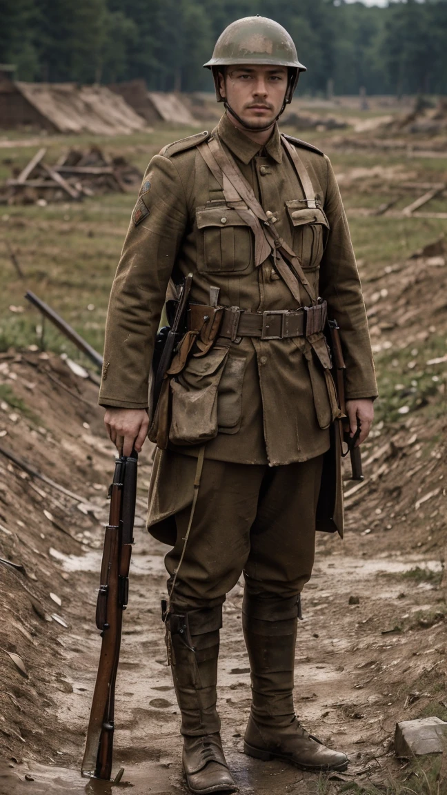 (masterpiece), best quality, expressive eyes, perfect face, All quiet on eastern Front, man, trenches, dirty, uniform, realistic, HD, Rifle, Russian empire, Russian man, helmet, Tannenberg, imperial, full body