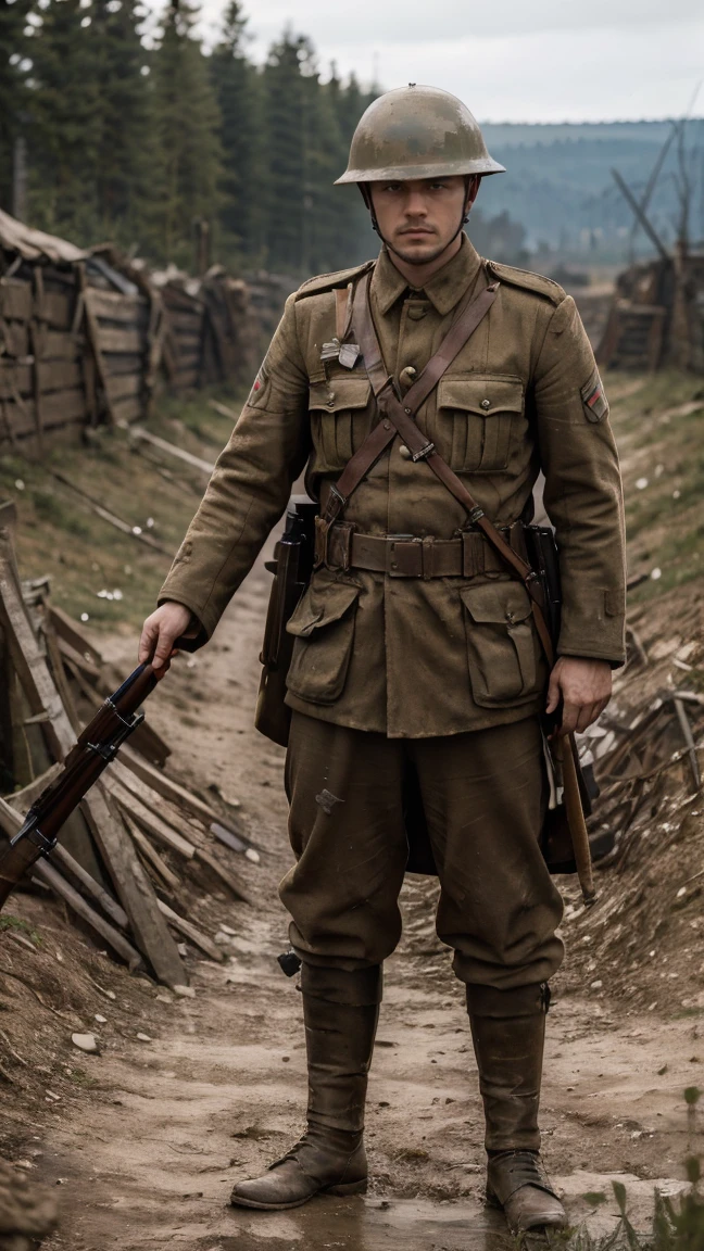 (masterpiece), best quality, expressive eyes, perfect face, All quiet on eastern Front, man, trenches, dirty, uniform, realistic, HD, Rifle, Russian empire, Russian man, helmet, Tannenberg, imperial, full body