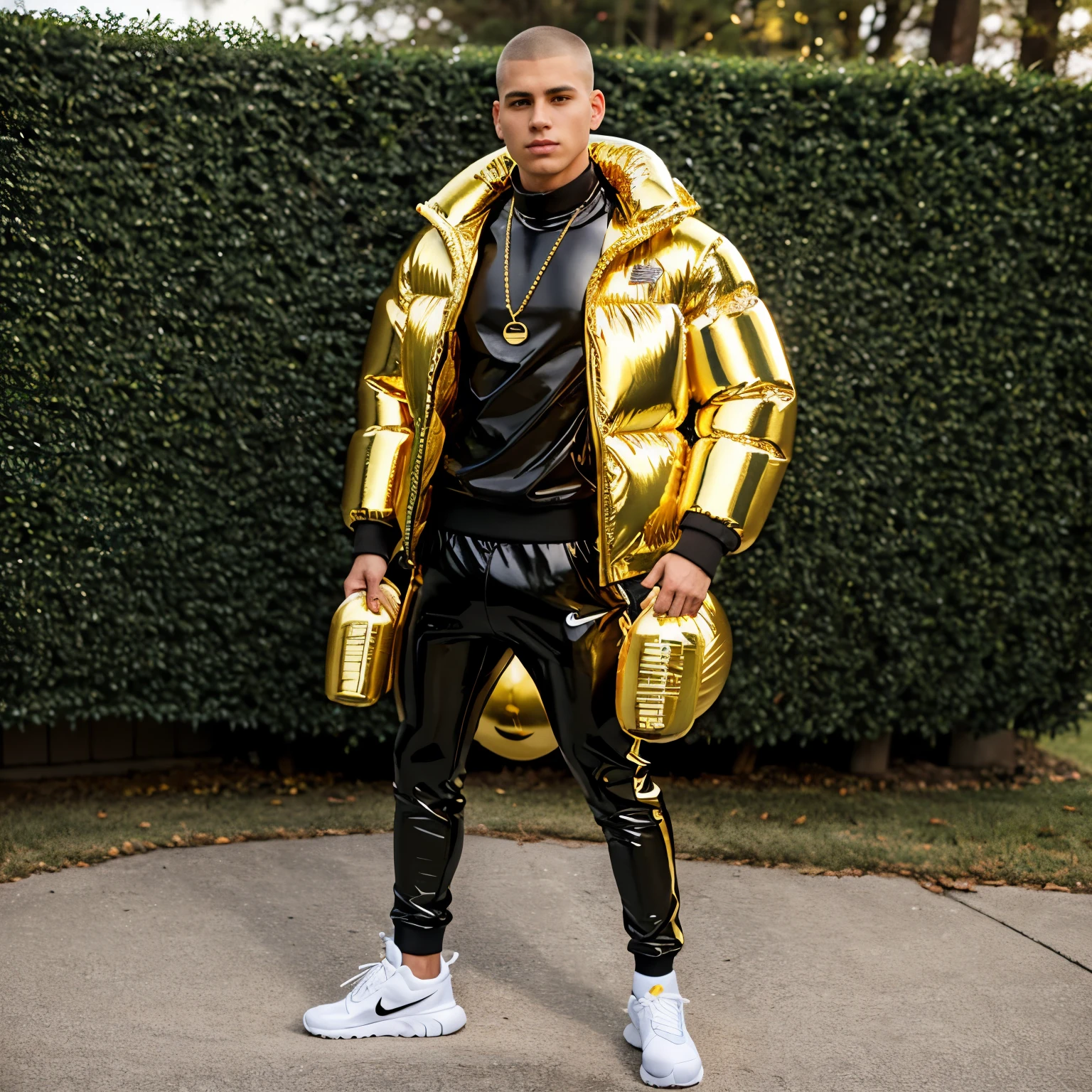 1 short meagre old blond fashion groomed and maked up man, undercut hair extremely massive big siliconed lips, tanned skin, in white bomber jacket, white tight shiny latex shorts, white 'LV' socks, white Buffalo 1348 platform boots, gold and diamond rings, diamond necklaces, gold chains, gold and diamond bracelets, very long golden nails, badly slaped by angry muscular scally boy outside