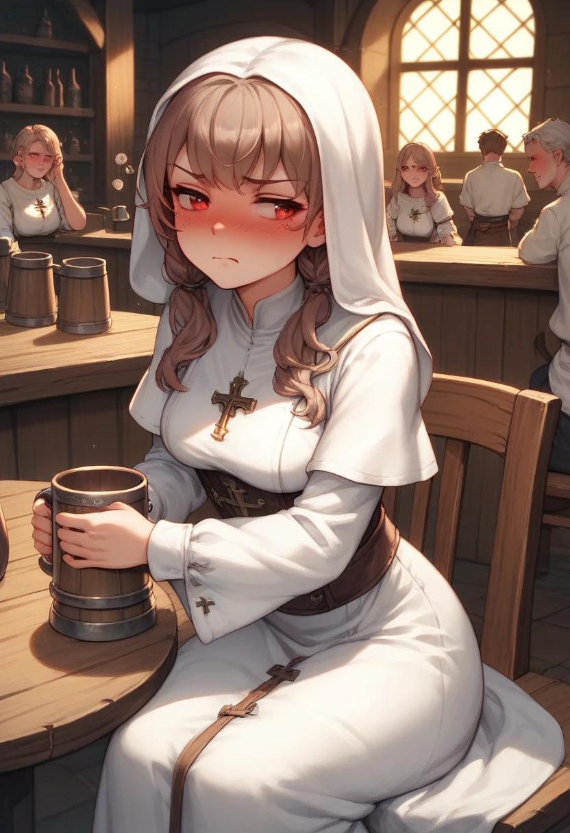 Adult female, average Height, very short brown nair, red eyes, cleric, black on white cleric robes, blushing, tsundere, sad, drunk, drinking from tankard, sitting, fantasy tavern, highly detailed, good detail, best detail, high quality, perfect eyes, looking away, perfect face, no hat, no headress