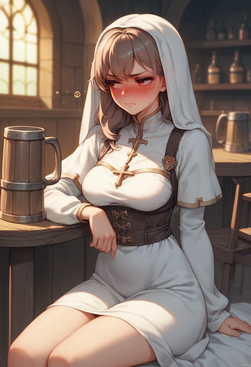 Adult female, average Height, very short brown nair, red eyes, cleric, black on white cleric robes, blushing, tsundere, sad, drunk, drinking from tankard, sitting, fantasy tavern, highly detailed, good detail, best detail, high quality, perfect eyes, looking away, perfect face, no hat, no headress