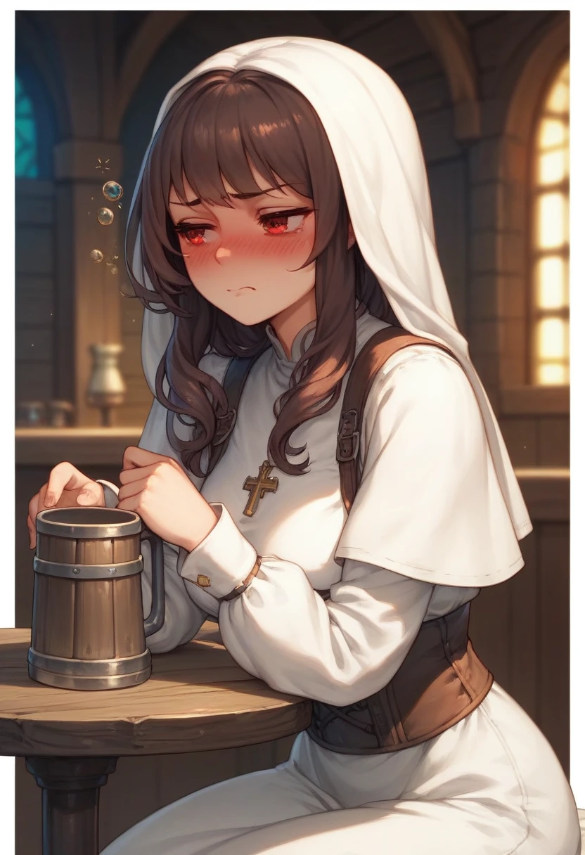 Adult female, average Height, very short brown nair, red eyes, cleric, black on white cleric robes, blushing, tsundere, sad, drunk, drinking from tankard, sitting, fantasy tavern, highly detailed, good detail, best detail, high quality, perfect eyes, looking away, perfect face, no hat, no headress