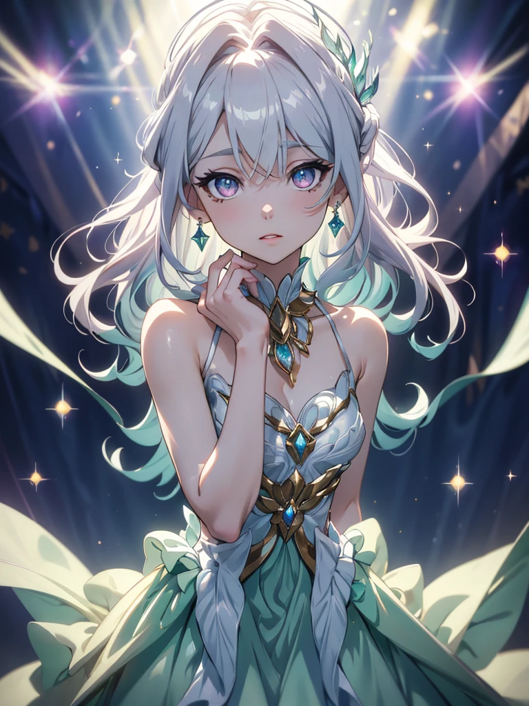 masterpiece, highest quality, figure, alexandrite eyes and hair, platinum earrings, Platinum Necklace, white dress, The Little Mermaid, cute, (dynamic lighting:1.2), cinematic lighting, delicate features, fine eyes, sharp pupils, realistic student, Depth of bounds written, Bokeh, sharp focus, (very detailed, bloom, shine:1.4), Many Small Gems, focus on the eyes