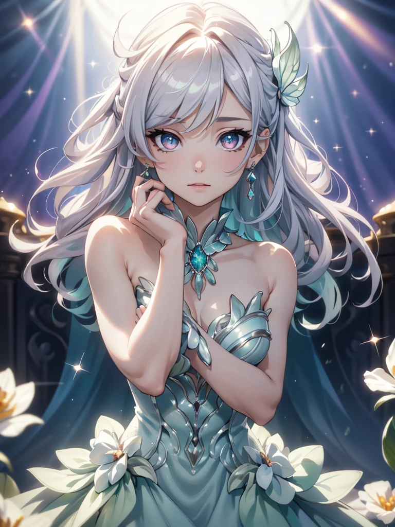 masterpiece, highest quality, figure, alexandrite eyes and hair, platinum earrings, Platinum Necklace, white dress, The Little Mermaid, cute, (dynamic lighting:1.2), cinematic lighting, delicate features, fine eyes, sharp pupils, realistic student, Depth of bounds written, Bokeh, sharp focus, (very detailed, bloom, shine:1.4), Many Small Gems, focus on the eyes