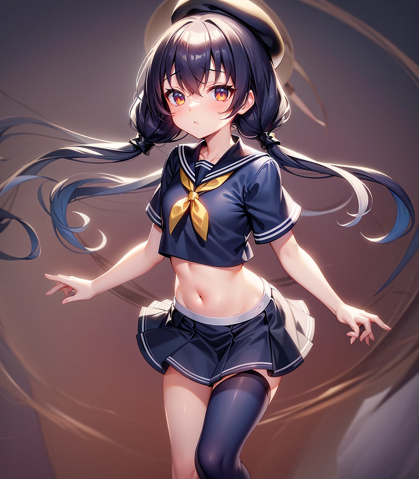 (Sailor suit),(((Navy Mini Skirt))),(((Revealing clothing))),In a naughty way,beret,,Cute little ,Tiny ,Small girl,,Childish face, Very fine clean face,Top quality, Big eyes,Straight Hair,Yellow hair,Crimson Eye,(Dark Room), Subtle light, Natural light,Soft lighting,Light from directly behind, (Are standing), Cute pose, (Open your hands), Showing the whole body,Front view,Black background