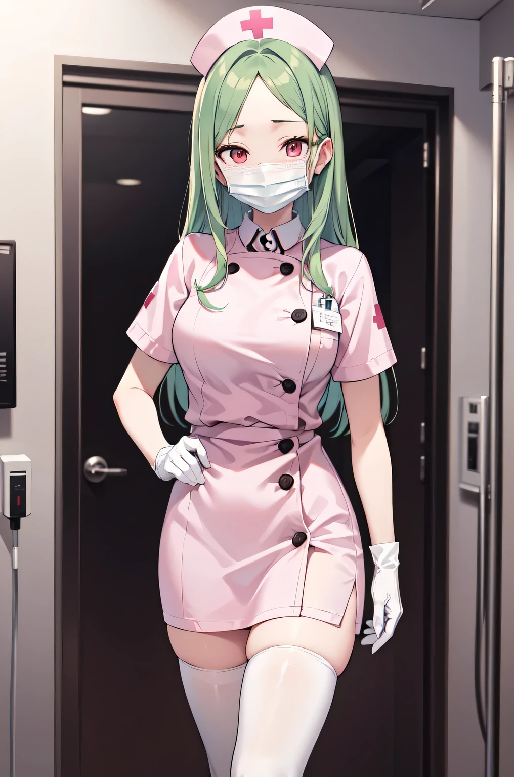 1woman, solo, nurse, white nurse cap, white nurse uniform, ((white legwear, zettai ryouiki)), white gloves, forehead, long hair, green hair, pink eyes, ((white surgical mask, covered nose)), standing, ((hospital room)), sharp outline, short sleeves, mature female, 35 years old, best quality, masterpiece