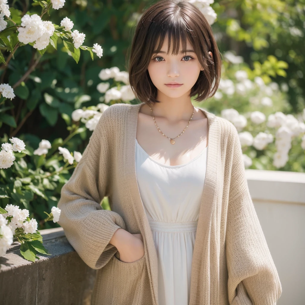 ((Highest quality, 8K, masterpiece :1.3)), 1 Girl, (Medium Short Hair :1.2), cardigan :1.1, super Detailed face, Beautiful Eyes,(Highly realistic photos, High resolution, Detailed face, Beautiful Eyes), Photographed in front of a white wall、Japanese women, 15 years old, A variety of expressions, alone:1, Slim figure, Various Hair Styles, Casual clothing, 写真にaloneいる、Long sleeve dress、Photographed in natural light、Simple Necklace、Spring Clothes、Don&#39;t look at the camera、profile、Dark brown hair color