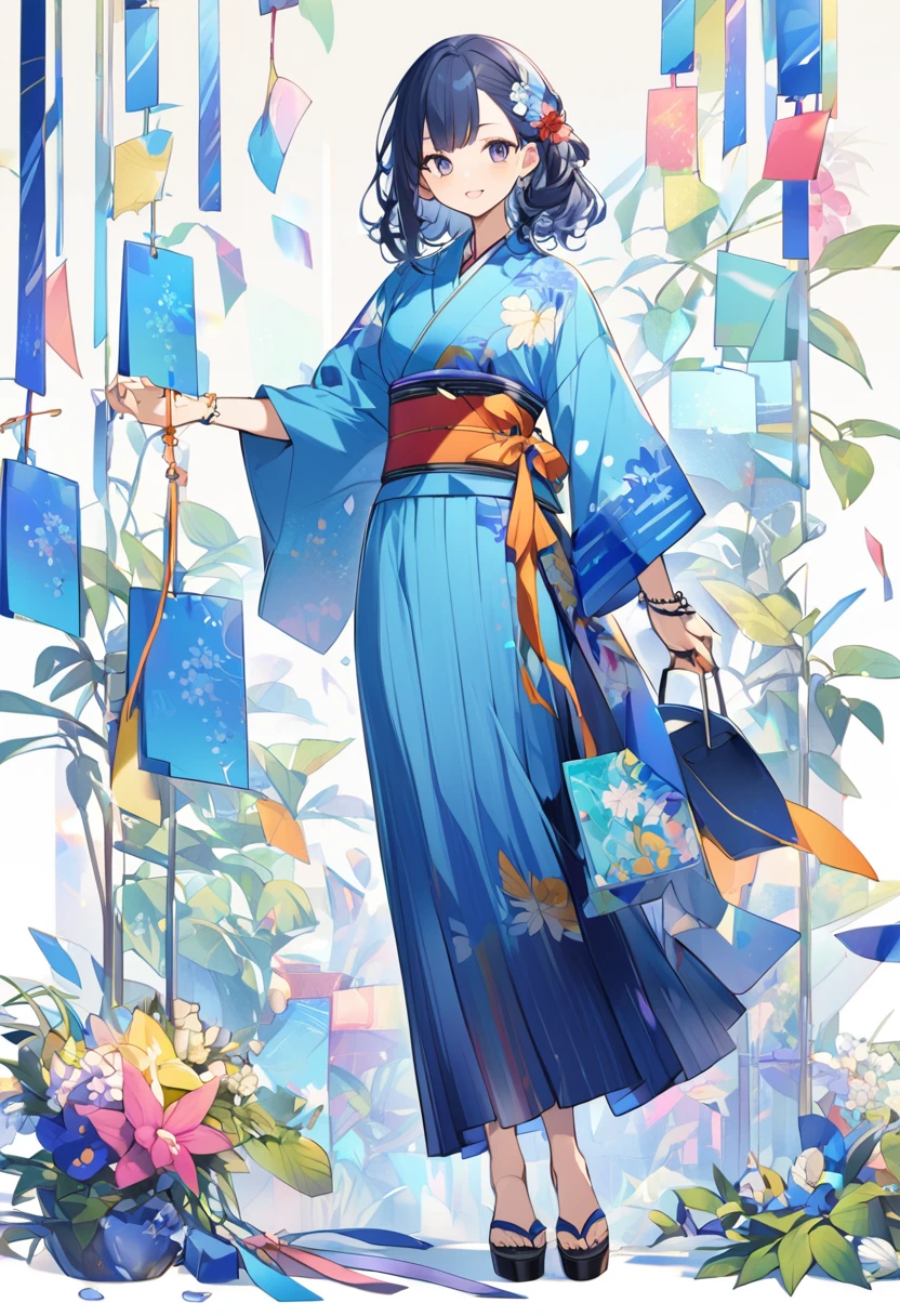 Tanabata Hikoboshi、Blue kimono full body、Cool