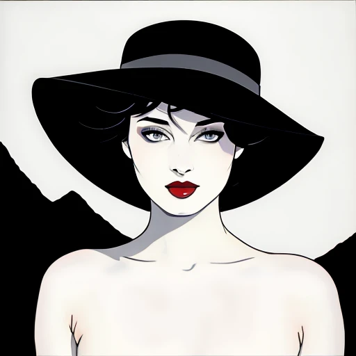 (Masterpiece Art:1.1), (Best Quality), Woman with WHITE GLAMOROUS dress and lipstick, WIDE BRIMMED BLACK HAT, LADY DIMITRISCU, PALE, greybackground, Art style by Patrick Nagel, Beautiful, highly detailed painting, (highly detailed slopes), (Detailed face), (Detailed eyes:1.1) modelshoot, Professional Photography, Official art, Synth Wave, androgyny, 8K, hard disk, High quality, awardwinning, SHORTHAIR,