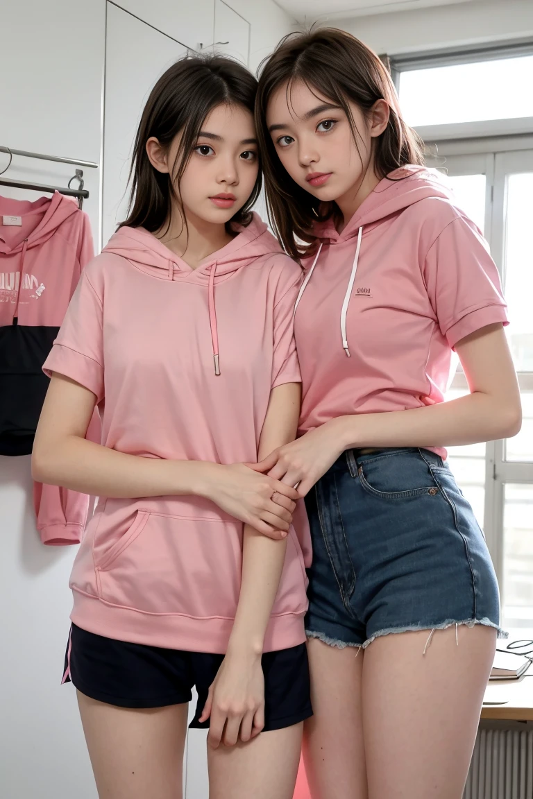 deux femmes ensemble de 18 ans sexy et mince , pink short sleeve hoodie , salle de classe, se touche,position sey,sensuel