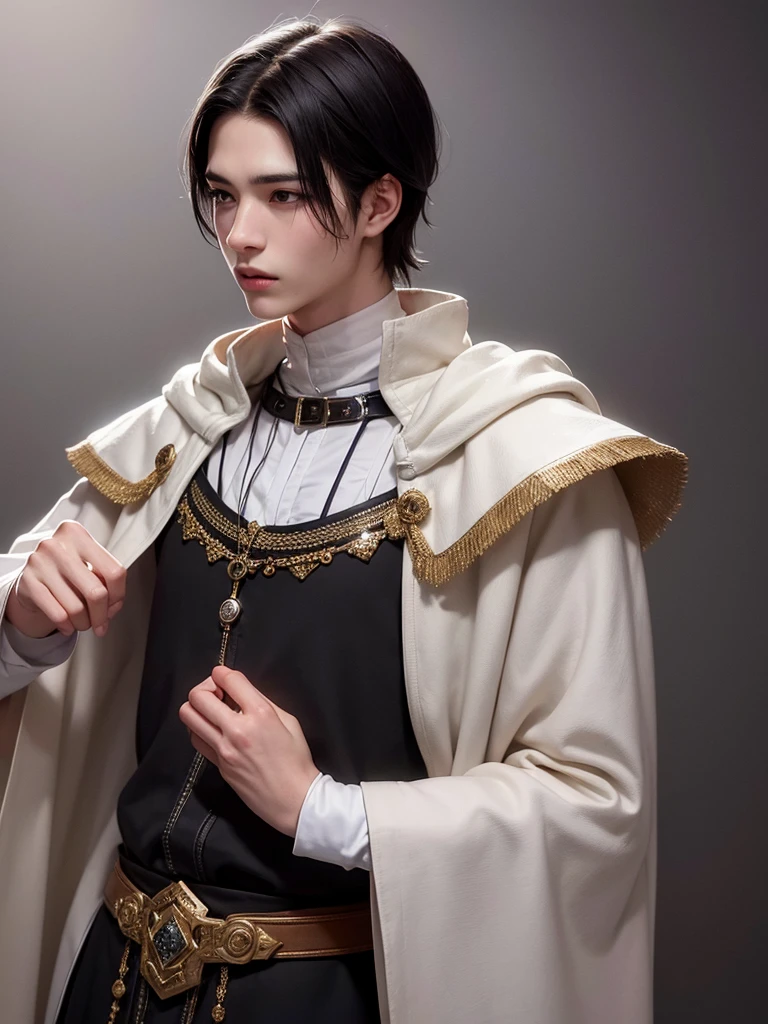 18 year old young man, medieval clothing, old clothes. black hair, black eyes, white skin, realistic skin, standing pose, portrait, realistic skin, 4k, beatifull face, short and straight hair