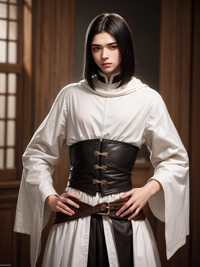 18 year old young man, medieval clothing, old clothes. black hair, black eyes, white skin, realistic skin, standing pose, portrait, realistic skin, 4k, beatifull face, short and straight hair