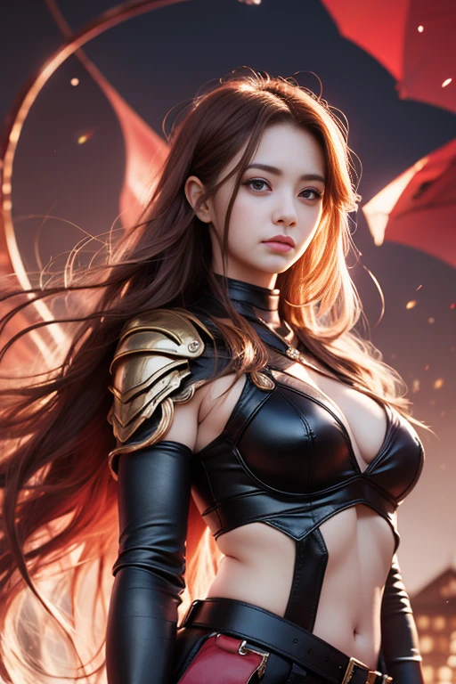 Cool,20-year-old women,Long red wavy hair,Red eyes,Sharp Eye,Glare,Red Leather,Bodysuits,gloves,Cover the whole body,god秘的な装飾,Cross Belt,On the chest,Realistic illustrations,burn,Great Flame,Covering the sky,Expressed throughout the body,Looking up at the sky,Reaching for the sky,(Effect Effect),Fantasy,Huge Japan sword in hand,battlefield,Warrior,Swordsman,Beautiful woman,god々々right