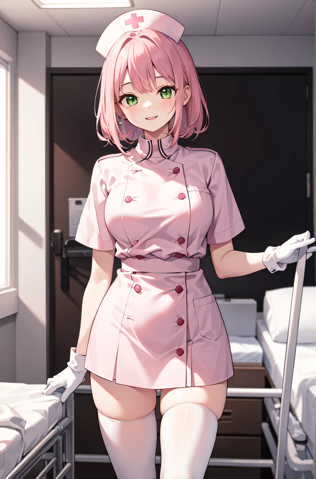 1woman, solo, nurse, white nurse cap, white nurse uniform, ((white legwear, zettai ryouiki)), white gloves, pink hair, green eyes, drooping eyes, pink lips, smile, standing, ((hospital room)), sharp outline, short sleeves, mature female, 32 years old, best quality, masterpiece