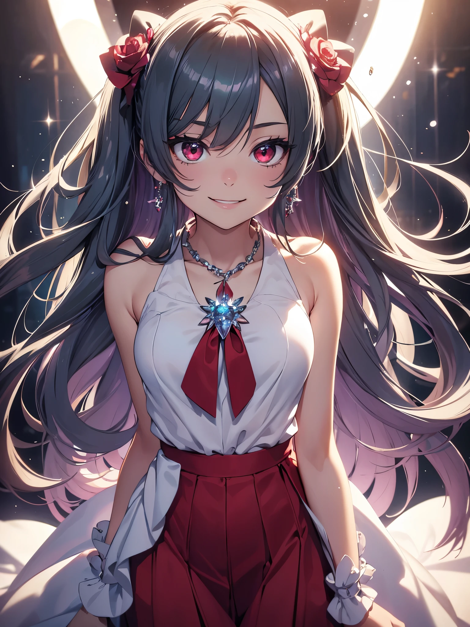 masterpiece, highest quality, figure, alexandrite eyes and hair, platinum earrings, Platinum Necklace, white dress, The Little Mermaid, cute, (dynamic lighting:1.2), cinematic lighting, delicate features, fine eyes, sharp pupils, realistic student, Depth of bounds written, Bokeh, sharp focus, (very detailed, bloom, shine:1.4), Many Small Gems, hatsune miku, black hair, red eyes, smiling, school wear, soaked in blood, yandere