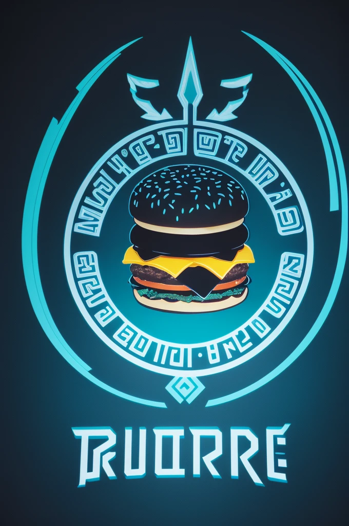 Burger logo with black and cyan blue colors, With a thematic focus on Greek Mythology, And with modernized graphic elements.