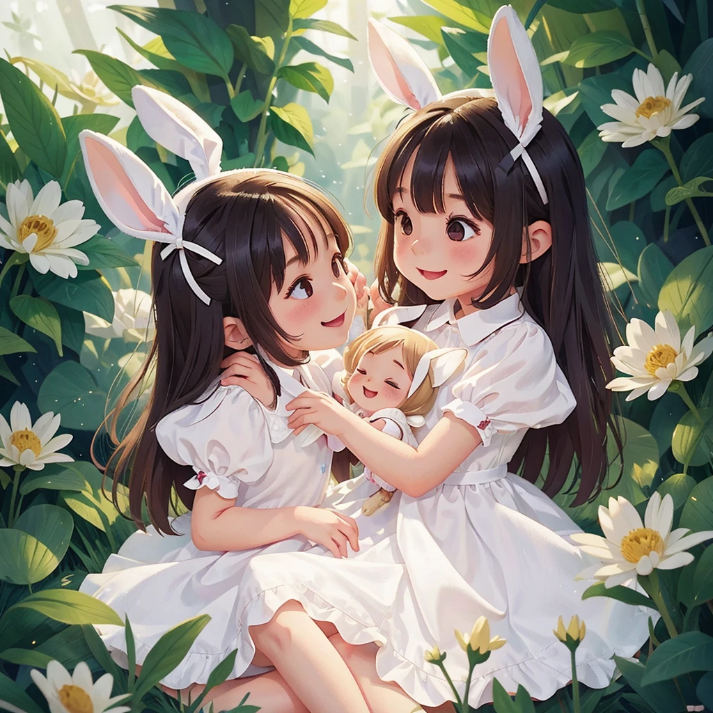 White thin silk dress、5 year old little girls with long rabbit ears、Anime Style、Little Bunny Girl、Two young children smiling and embracing each other