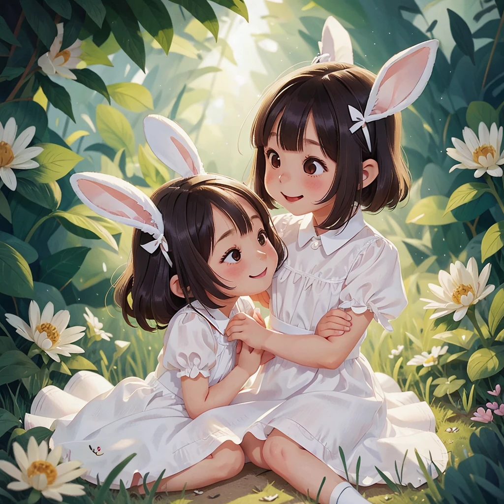 White thin silk dress、5 year old little girls with long rabbit ears、Anime Style、Little Bunny Girl、Two young children smiling and embracing each other