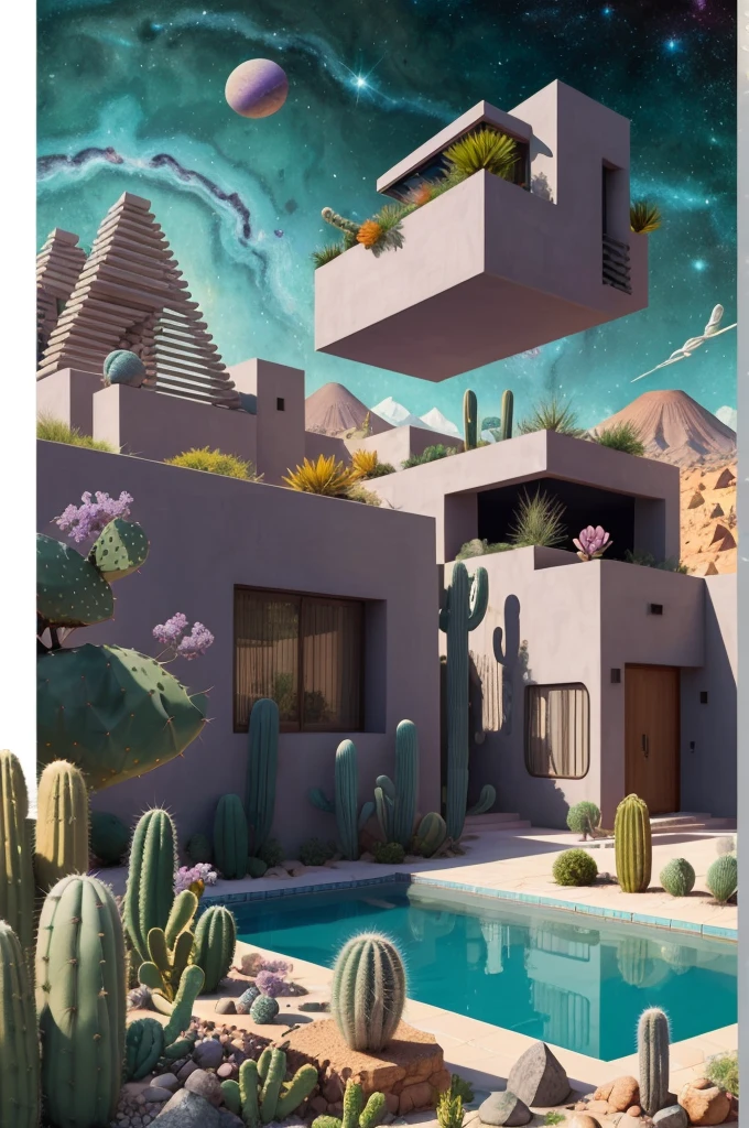 An illustration, collage style, David Hockney visual style, (((Luis Barragán's architectural style houses in middle of a lake))), big boulders, little cascade, mountains, volcanos, volcanic landscape, pool, stairs, beautiful gardens, abundant vegetation, cacti, agave, big clouds, sunset. Magazine cover, serif tipography, editorial design, masterpiece, An illustration in collage style, con rocas gigantes, Brutalist construction sections, escaleras, cactus, agave, textura de concreto, Multiple geometric shapes, hatch and cross hatching, planeta Saturno. ((masterpiece, best quality)),illustration,ultra detailed 8k. (((An illustration of a build designed by Luis Barragán))), with a desertic vegetation garden, (big rocks), ((cacti)), lake, volcano in horizon, smooth clouds, (((illustration collage format))), ((Escher's art style)), (((multiple sections))), (violet, blue, olive green, grey, black and white), hard shadows, (((geometric sculptures))), concrete sculptures, high contrast, dramatic, cinematographic, ((milky way galaxy)), intricate, intricate details, sharp focus,landscape