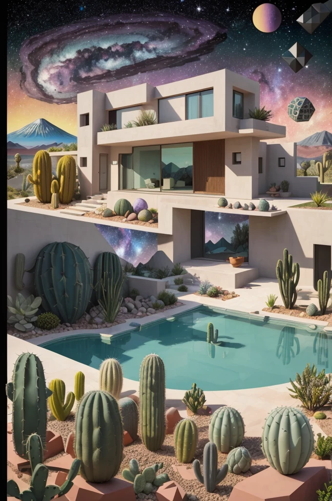 An illustration, collage style, David Hockney visual style, (((Luis Barragán's architectural style houses in middle of a lake))), big boulders, little cascade, mountains, volcanos, volcanic landscape, pool, stairs, beautiful gardens, abundant vegetation, cacti, agave, big clouds, sunset. Magazine cover, serif tipography, editorial design, masterpiece, An illustration in collage style, con rocas gigantes, Brutalist construction sections, escaleras, cactus, agave, textura de concreto, Multiple geometric shapes, hatch and cross hatching, planeta Saturno. ((masterpiece, best quality)),illustration,ultra detailed 8k. (((An illustration of a build designed by Luis Barragán))), with a desertic vegetation garden, (big rocks), ((cacti)), lake, volcano in horizon, smooth clouds, (((illustration collage format))), ((Escher's art style)), (((multiple sections))), (violet, blue, olive green, grey, black and white), hard shadows, (((geometric sculptures))), concrete sculptures, high contrast, dramatic, cinematographic, ((milky way galaxy)), intricate, intricate details, sharp focus,landscape