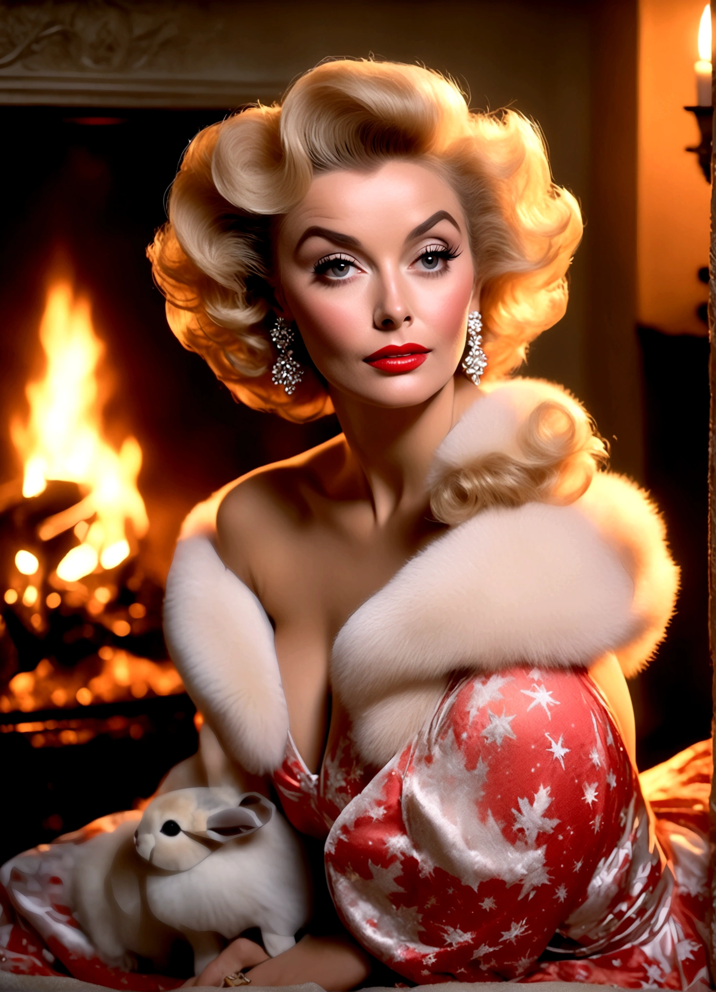 a beautiful young woman (Zsa Zsa Gabor, age 25), wearing an airy sheer Christmas night gown (shoulders exposed, deeply plunging neckline)(sexually over exposed) , nude except for night gown, her intimate areas partially exposed and very detailed, playing with a baby bunny by an old-fashioned fireplace with a roaring fire, Lewd poses (spread legs), Christmas scene (best quality, 4k, 8k, highres, masterpiece:1.2), ultra-detailed, (realistic, photorealistic, photo-realistic:1.37), HDR, UHD, studio lighting, ultra-fine painting, sharp focus, physically-based rendering, extreme detail description, professional, vivid colors, bokeh, portrait, figurative, intimate, sensual, cozy, Christmas, warm lighting, chiaroscuro (show her entire body, show all of her)