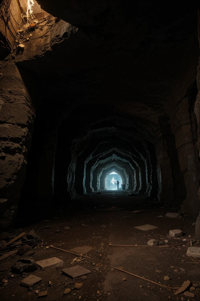 A huge, terrifying, abandoned cave for learning magic that contains strange writing symbols on the walls, very realistic and of high quality