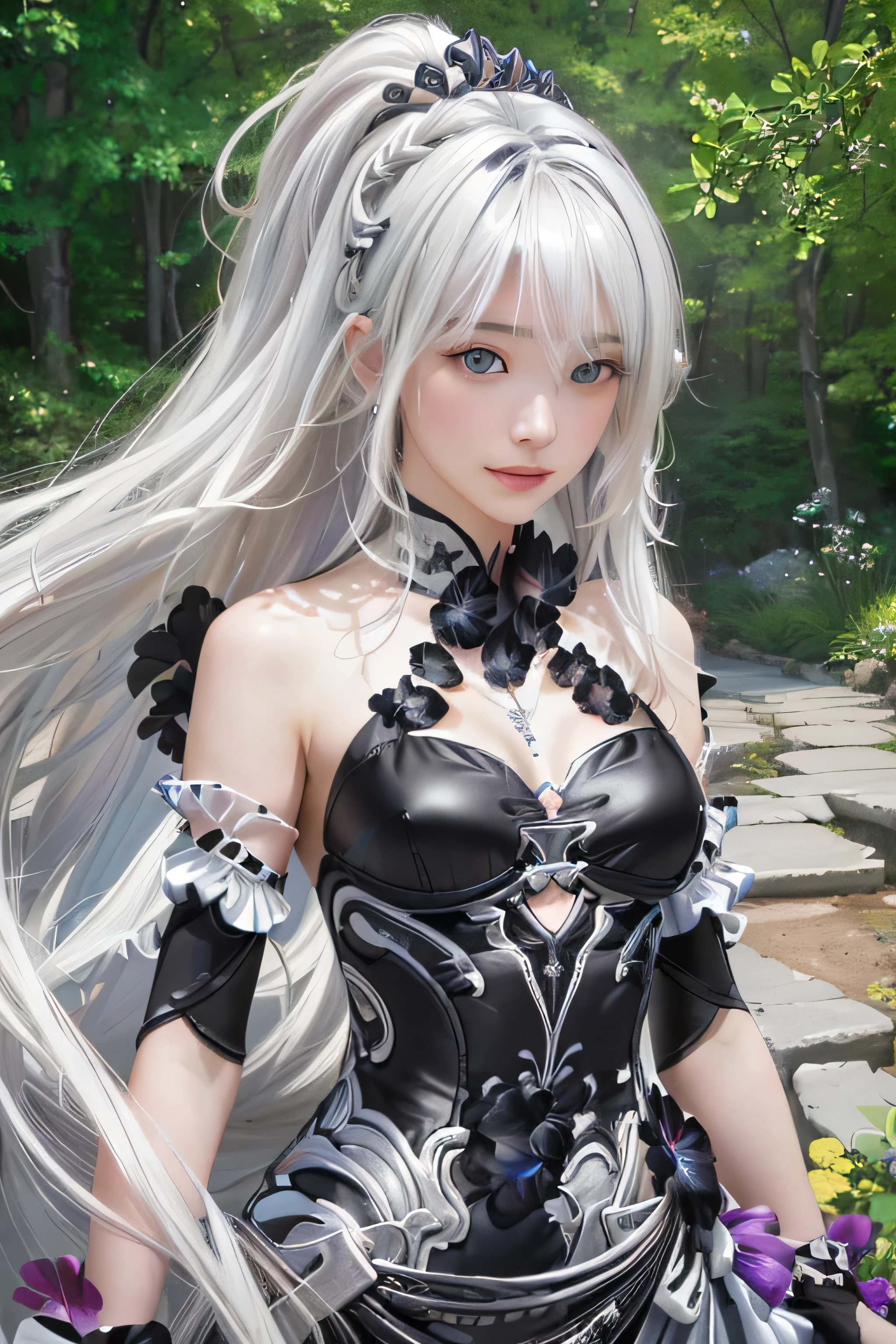 masterpiece, best quality, 1girl portrait, ultra realistic, white hair, black eye, ray tracing, 8k,