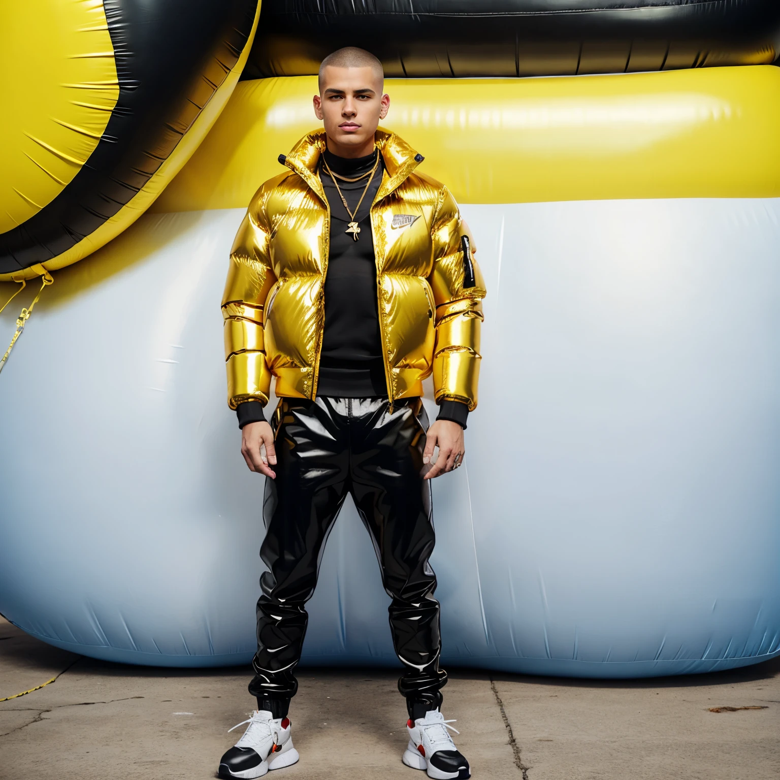 full view full body, one Slim young white guy with light-brown undercut clean shaved haircut, golden rings, necklaces, wearing shiny skintight black rubber pants with a black North Face over-puffer jacket blistered with air, over-inflated like an inflatable buoy and white Nike TN trainers, waiting standing arrogantly front college entry