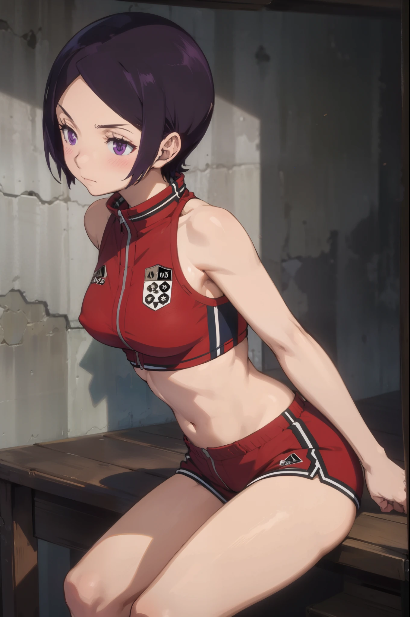 (masterpiece, best quality;1.2), nsfw, World trigger style, kitora ai, (1girl, solo), looking at viewer, (short hair, forehead), purple eyes, (embarrassed, blush), (red sports bra, emblem), (midriff, navel), red short shorts, (arm pit, touch own head)