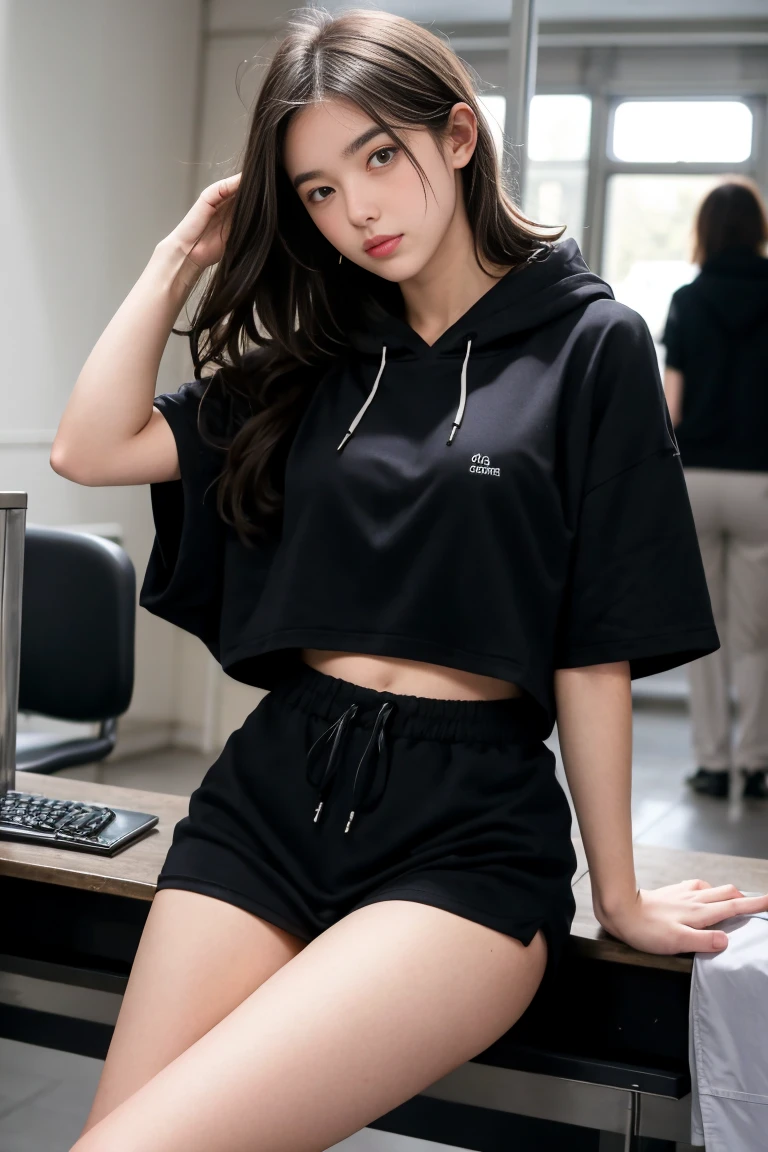deux femmes ensemble de 18 ans sexy et mince , black short sleeve hoodie , salle de classe, se touche,position sey,sensuel