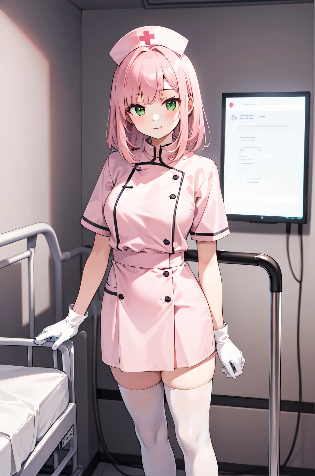 1woman, solo, nurse, white nurse cap, white nurse uniform, ((white legwear, zettai ryouiki)), white gloves, pink hair, green eyes, drooping eyes, pink lips, smile, standing, ((hospital room)), sharp outline, short sleeves, mature female, 32 years old, best quality, masterpiece
