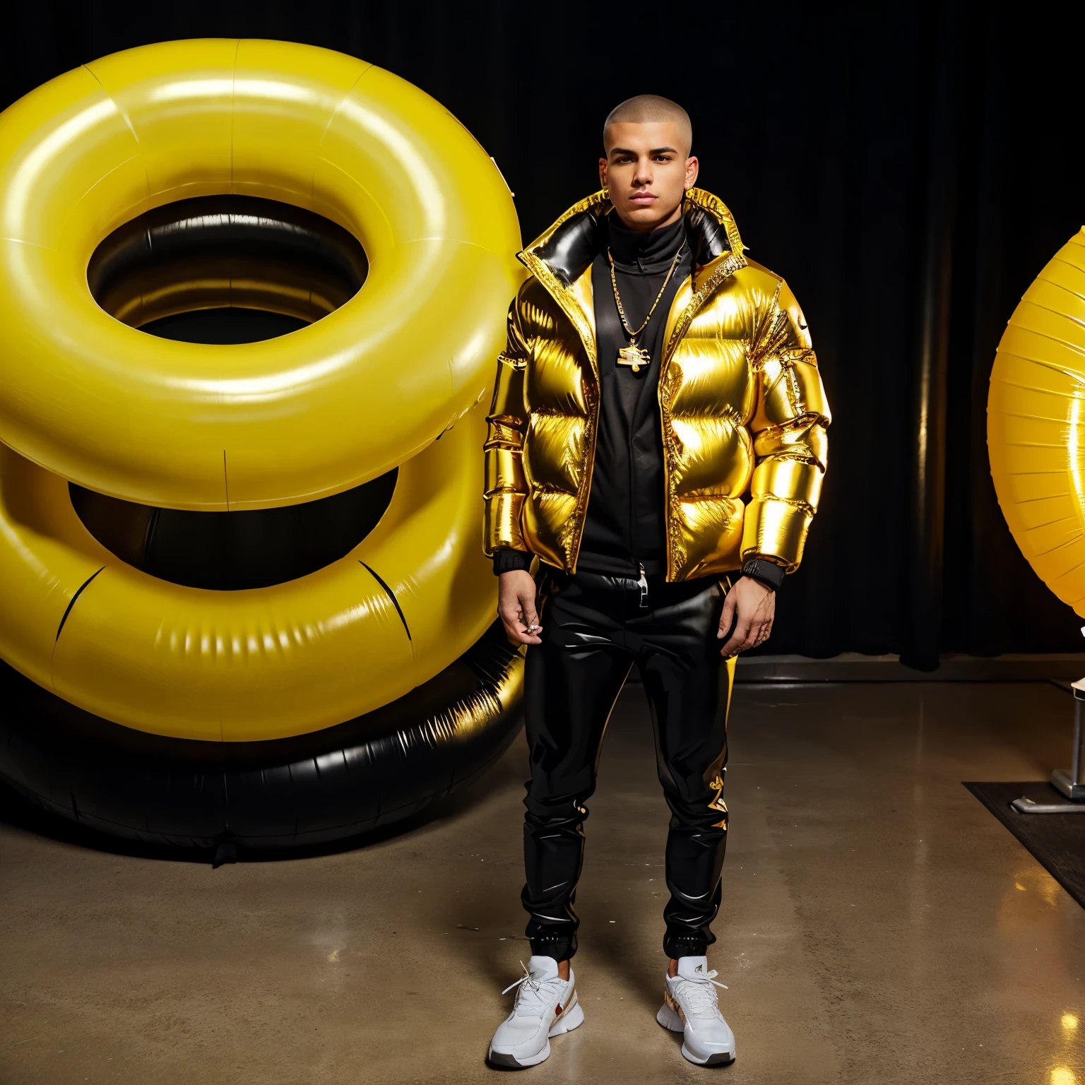 full view full body, one Slim young white guy with light-brown undercut clean shaved haircut, golden rings, necklaces, wearing shiny skintight black rubber pants with a black North Face over-puffer jacket blistered with air, over-inflated like an inflatable buoy and white Nike TN trainers, waiting standing arrogantly front college entry