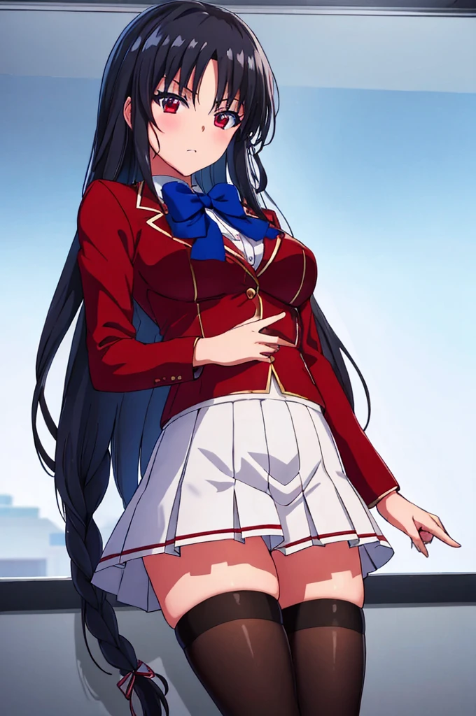 (masterpiece:1.3), (best quality:1.2), (8k, ultra detailed, ultra high res:1.2), ((anime style)), perfect 5 fingers, perfect anatomy, 
1girl,
Suzune Horikita, 
Suzune Horikita \(youjitsu\),
BREAK long hair, braid, 
black hair, 
red eyes, (focus detailed eyes:1.2), 
blue bow, 
medium breasts, 
red jacket, long sleeves, white skirt, pleated skirt, black thigh-high socks, 
looking at viewer, 
cowboy shot, 
indoor, class room, 